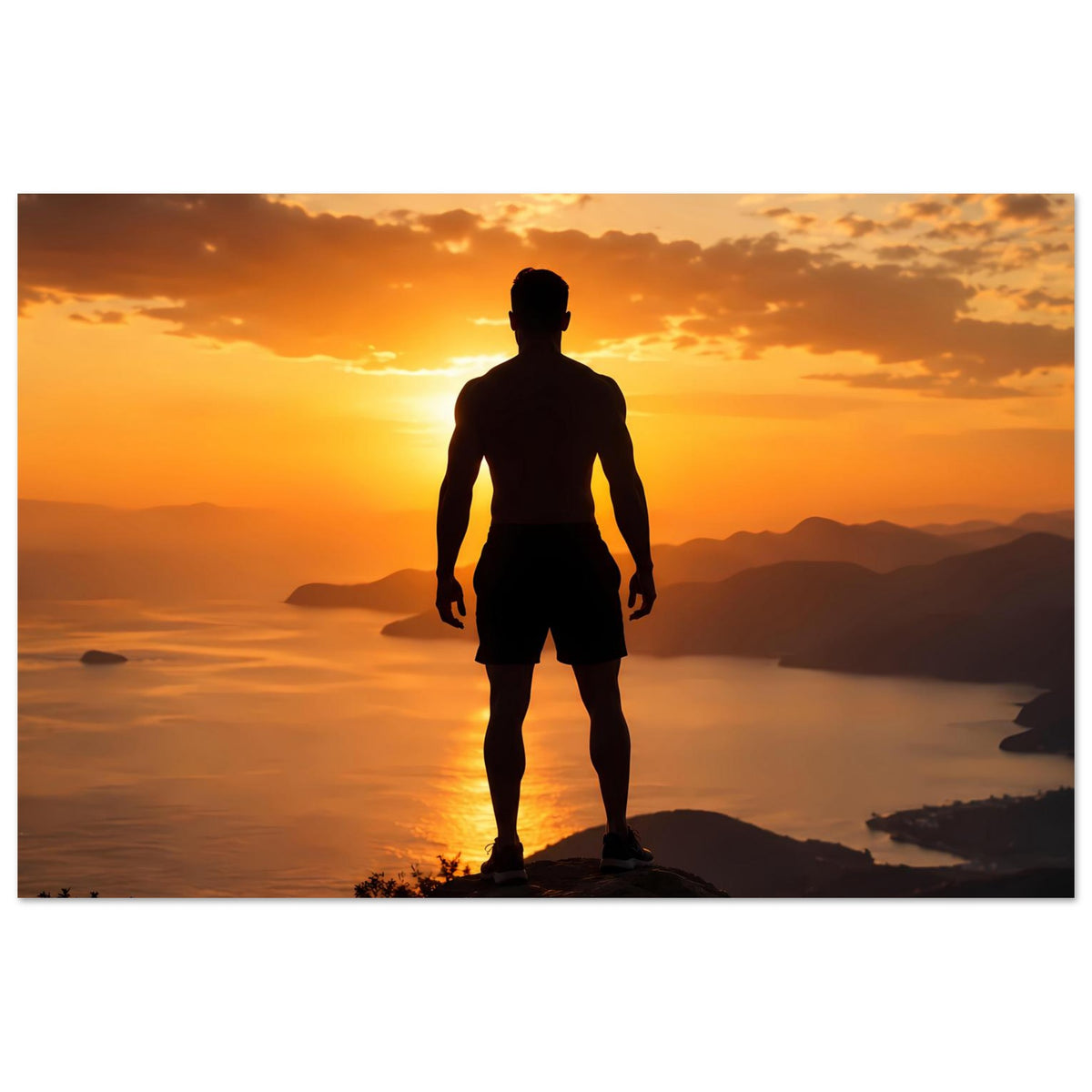 Sonnenuntergangs-Poster im Querformat mit dunkler Silhouette eines Mannes im Sonnenlicht