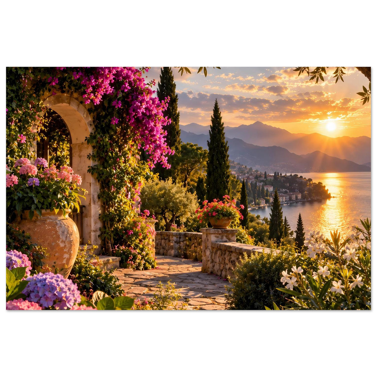 Poster: mediterrane Landschaft mit Blumen, Steinmauer, Weg und fließendem Licht am Wasser