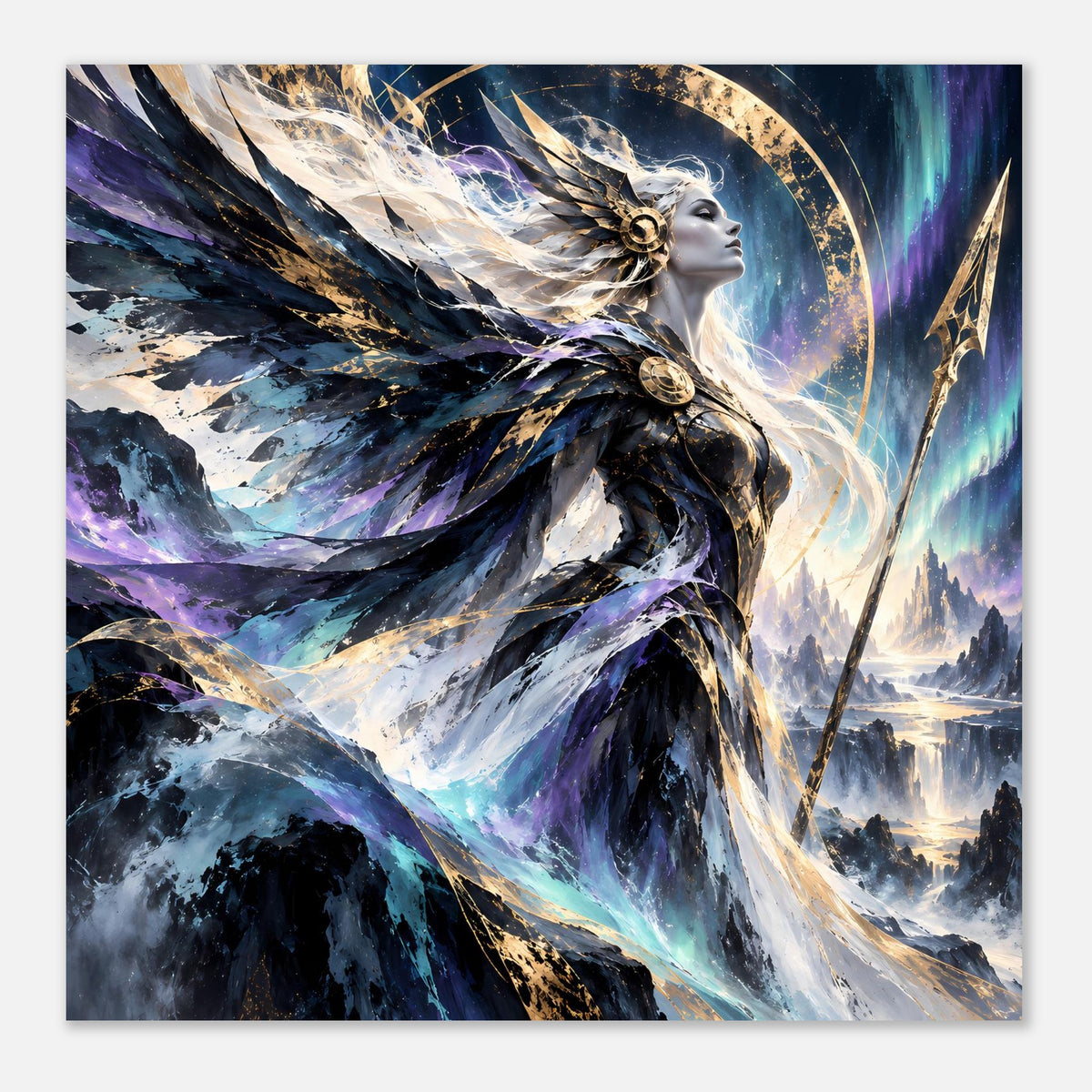 Fantasy-Göttinnenposter im Querformat: Profil der geflügelten Frau, blau-violette Nebel und Gold.