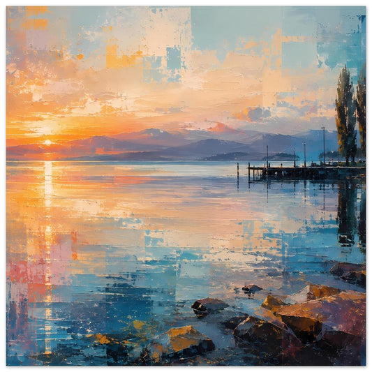 Abstraktes Poster: Sonnenuntergang über See mit Gebirge und Steg, blau-orangefarbene Flächen