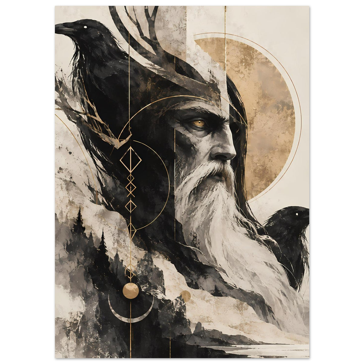 Kunstposter: Weiser und Rabe, Halbmond, Kreise/Ornamente, Motive in Schwarz-Grau