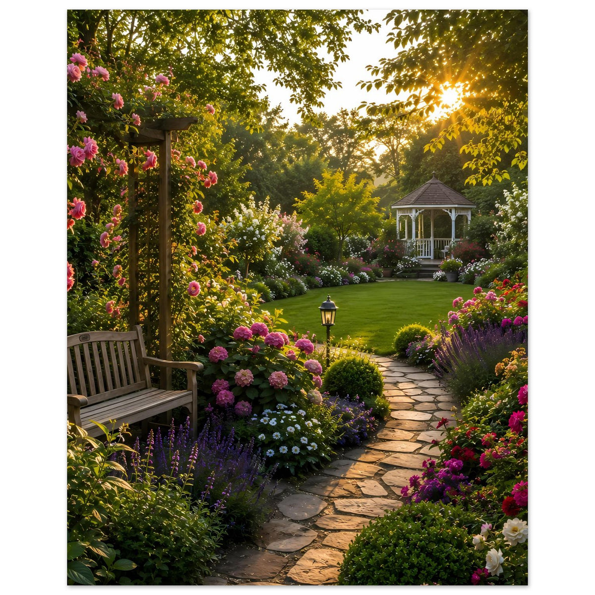 Gartenposter mit Blumenbeeten links, geschwungenem Steinweg, Rasen und Pavillon