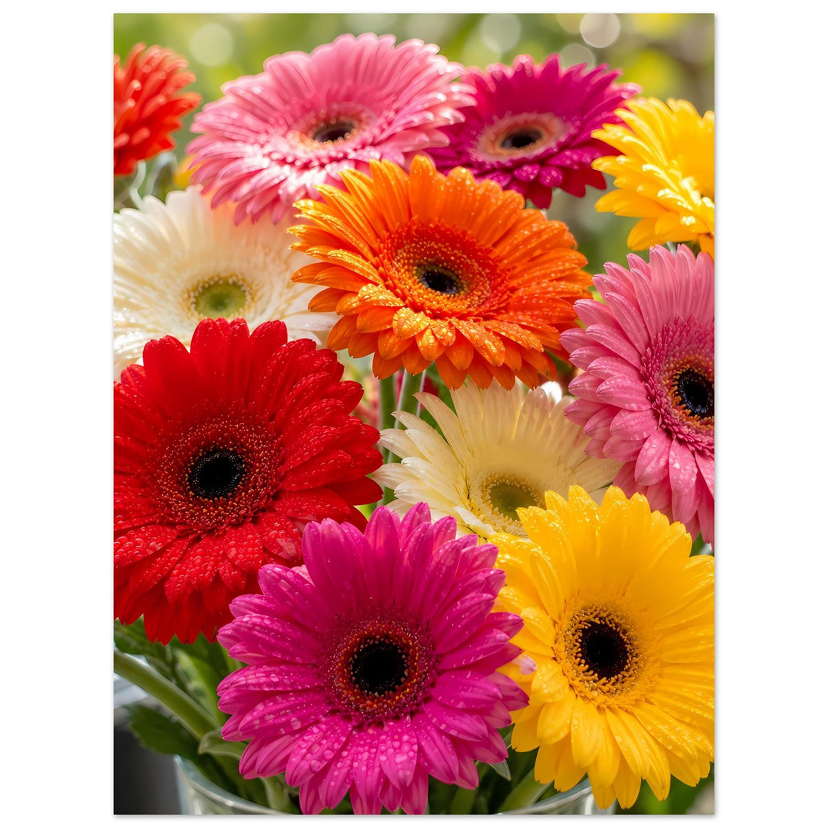 Gerbera-Blumenposter mit dichtem Gerbera-Bouquet, rosa, orange, gelb und roten Blütenköpfen