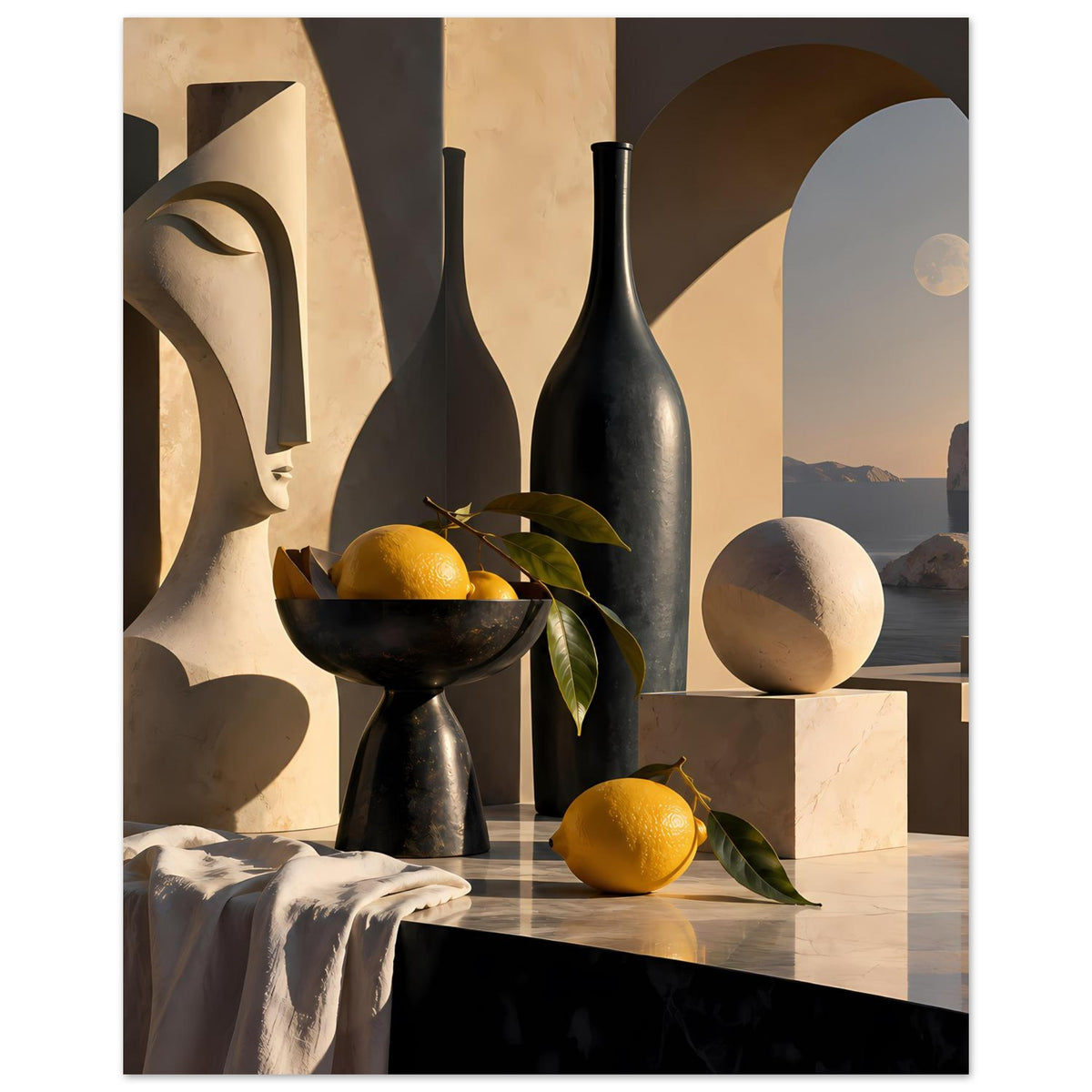 Poster mit Stillleben: schwarze Vase, Schale mit gelben Früchten, Zitrone und grüne Blätter, Skulptur
