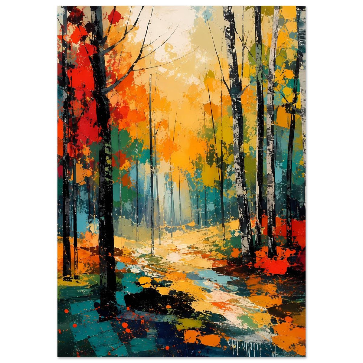 Herbstwald-Poster mit gold-orangeem Himmel, bunten Farbflecken und tiefem Waldweg, Hochformat