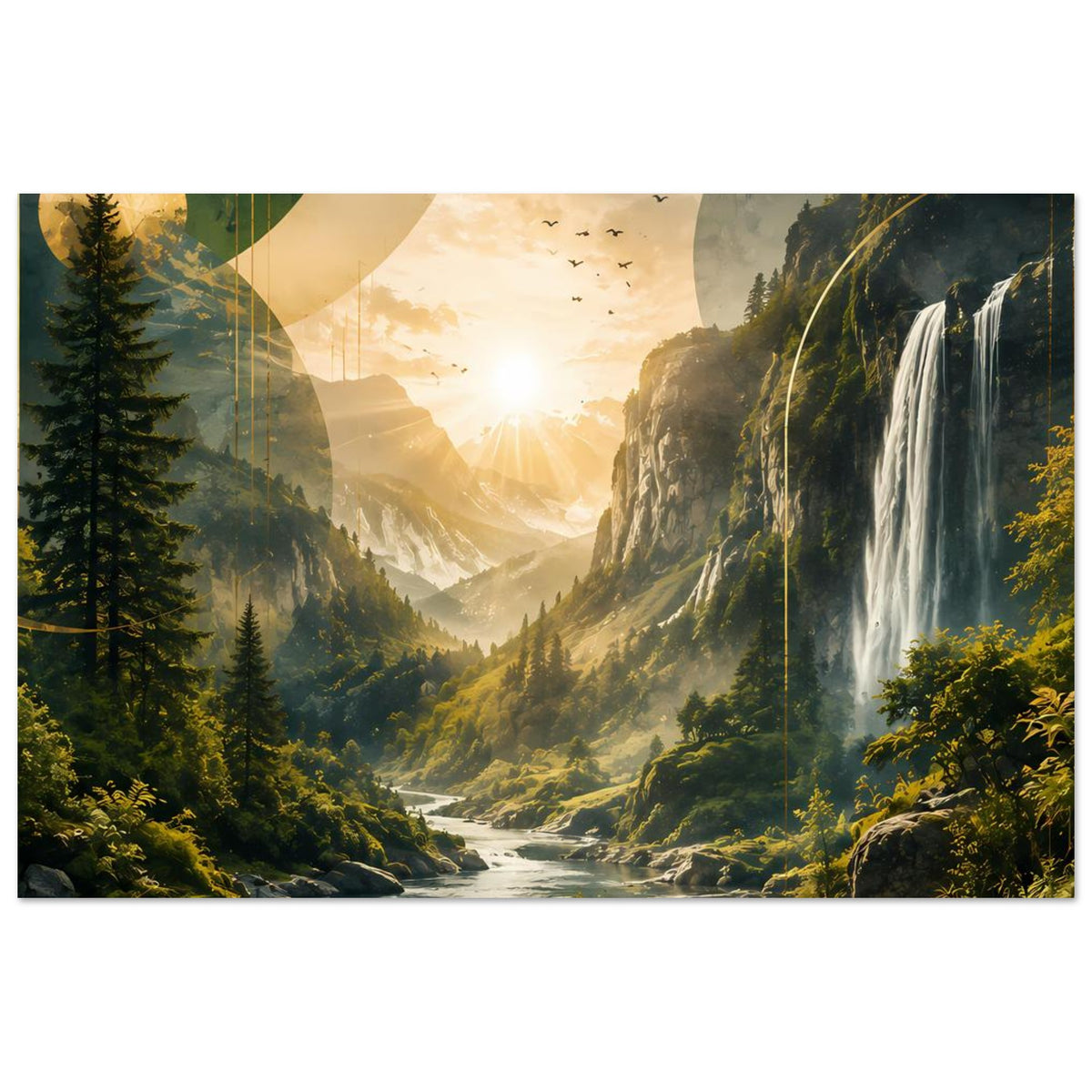 Landschaftsposter mit Bergpanorama, Wasserfall, Flusslauf und glühender Abendsonne