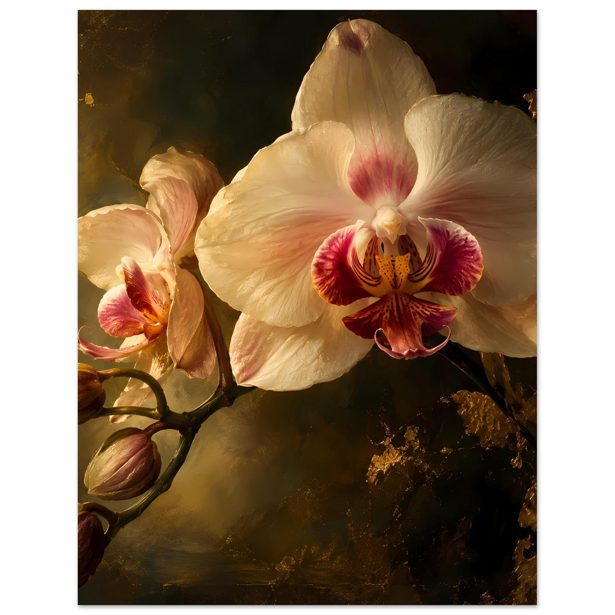 Orchideen-Poster mit großer cremeweißer Blüte, rosaroten Nuancen und Blütenknospen