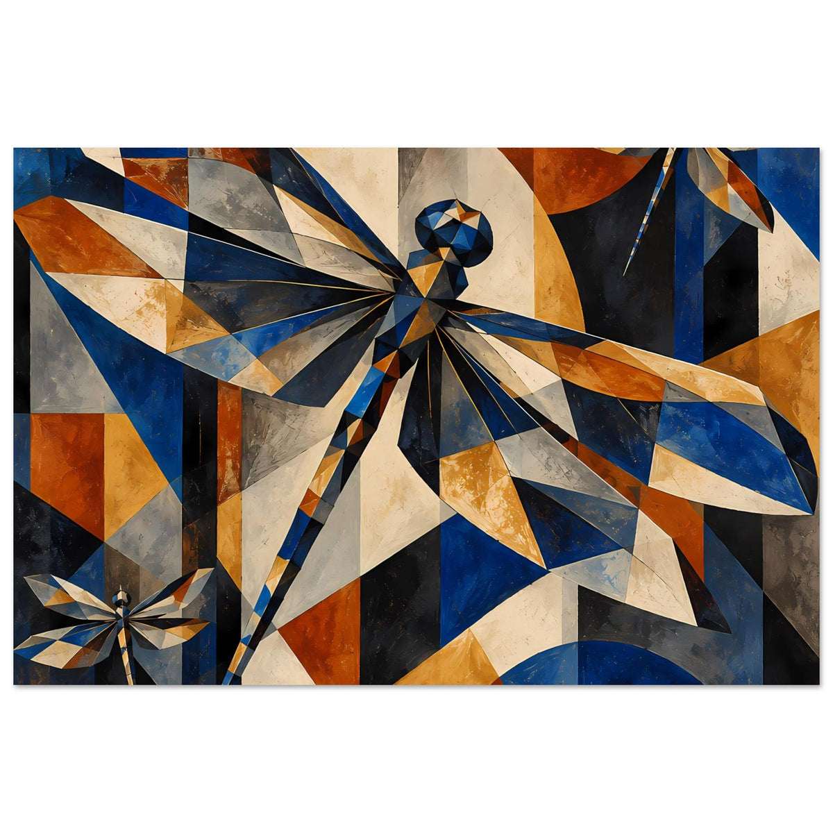 Kunstposter: geometrische Libelle mit Flügeln aus schrägen Streifen in Blau, Kupfer und Creme.
