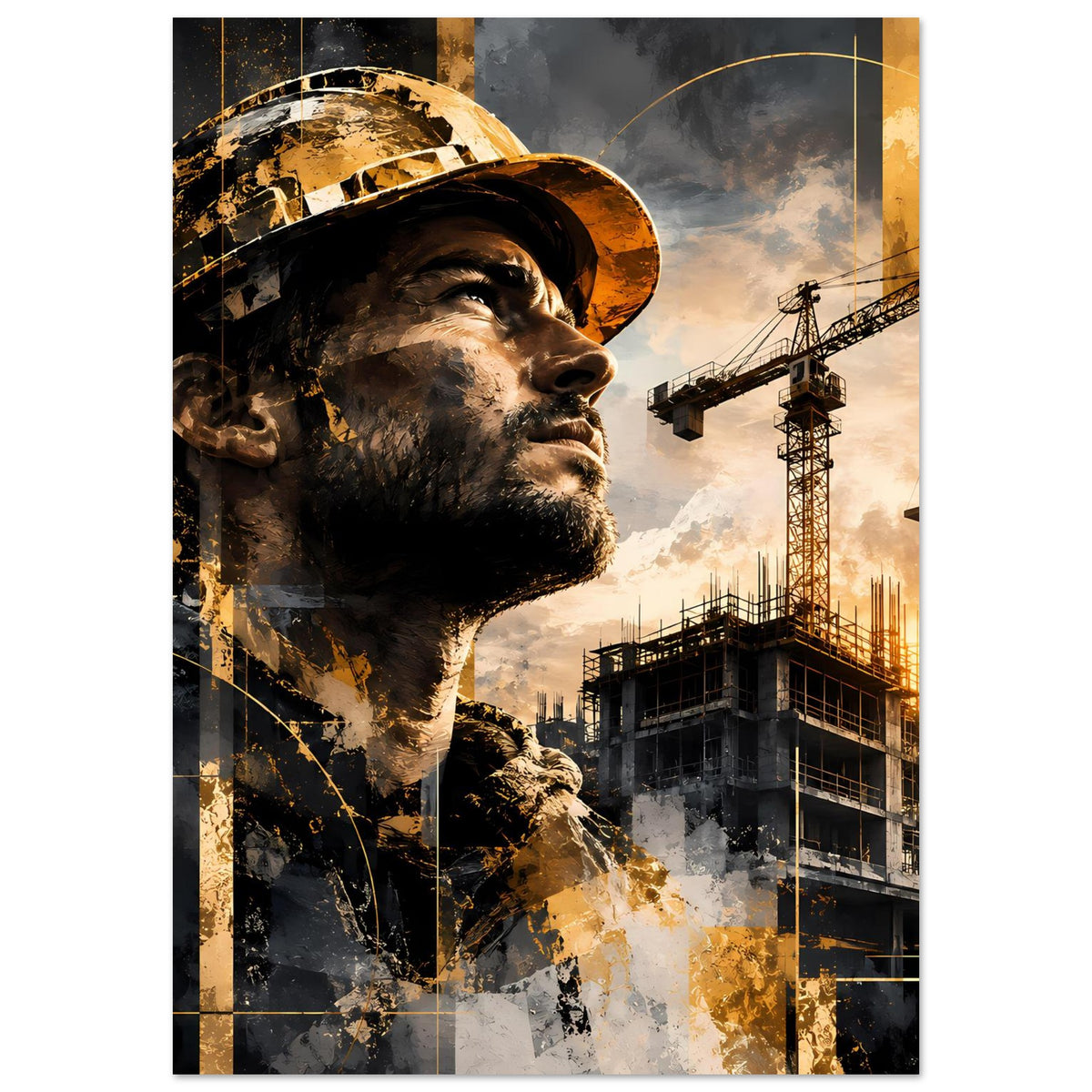 Bauarbeiter-Porträt-Poster, Gesicht seitlich mit Helm, Gold- und Grausprenkel im Motiv