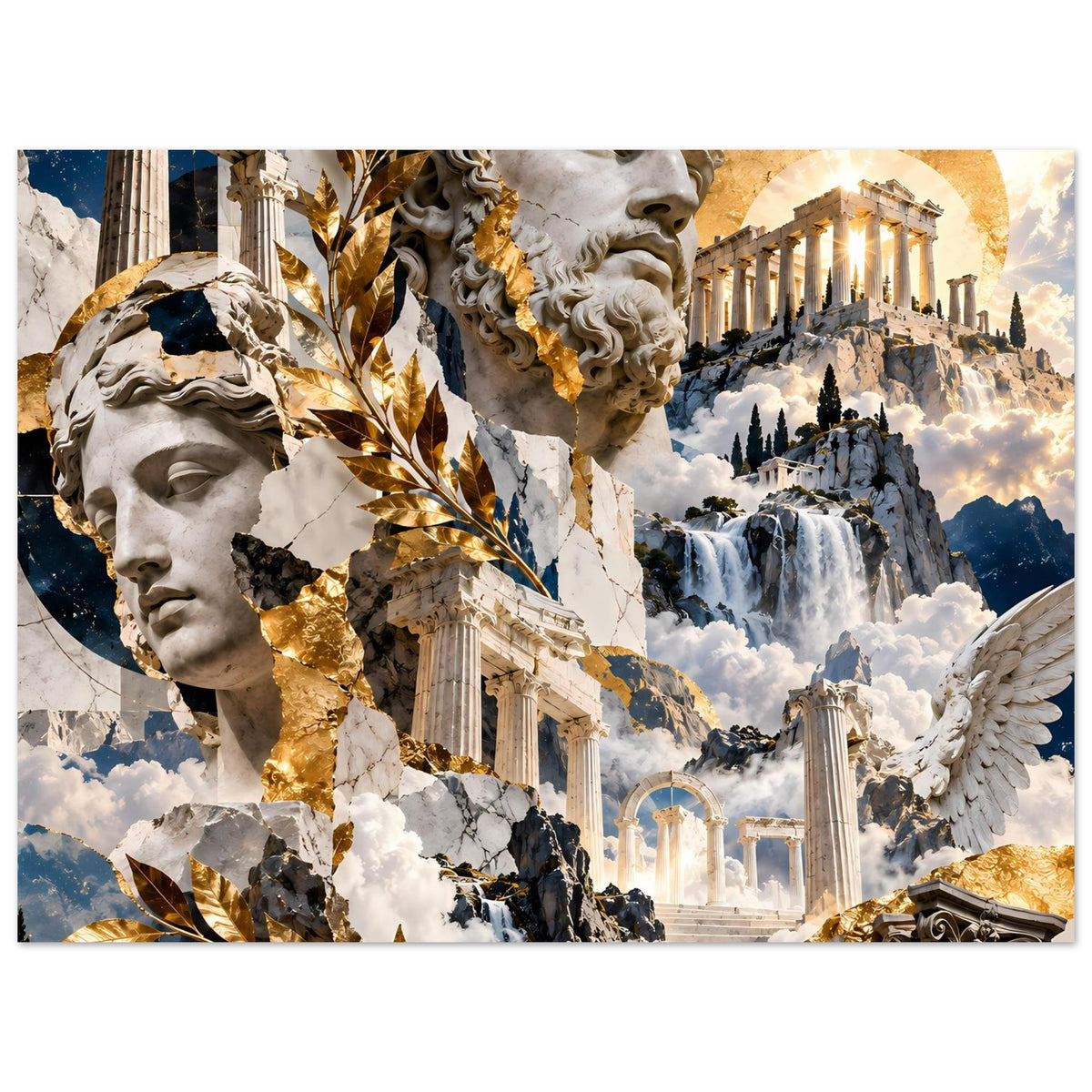 Querformatiges Poster mit antiken Statueköpfen, Säulen, Wolken und goldfarbenen Verzierungen