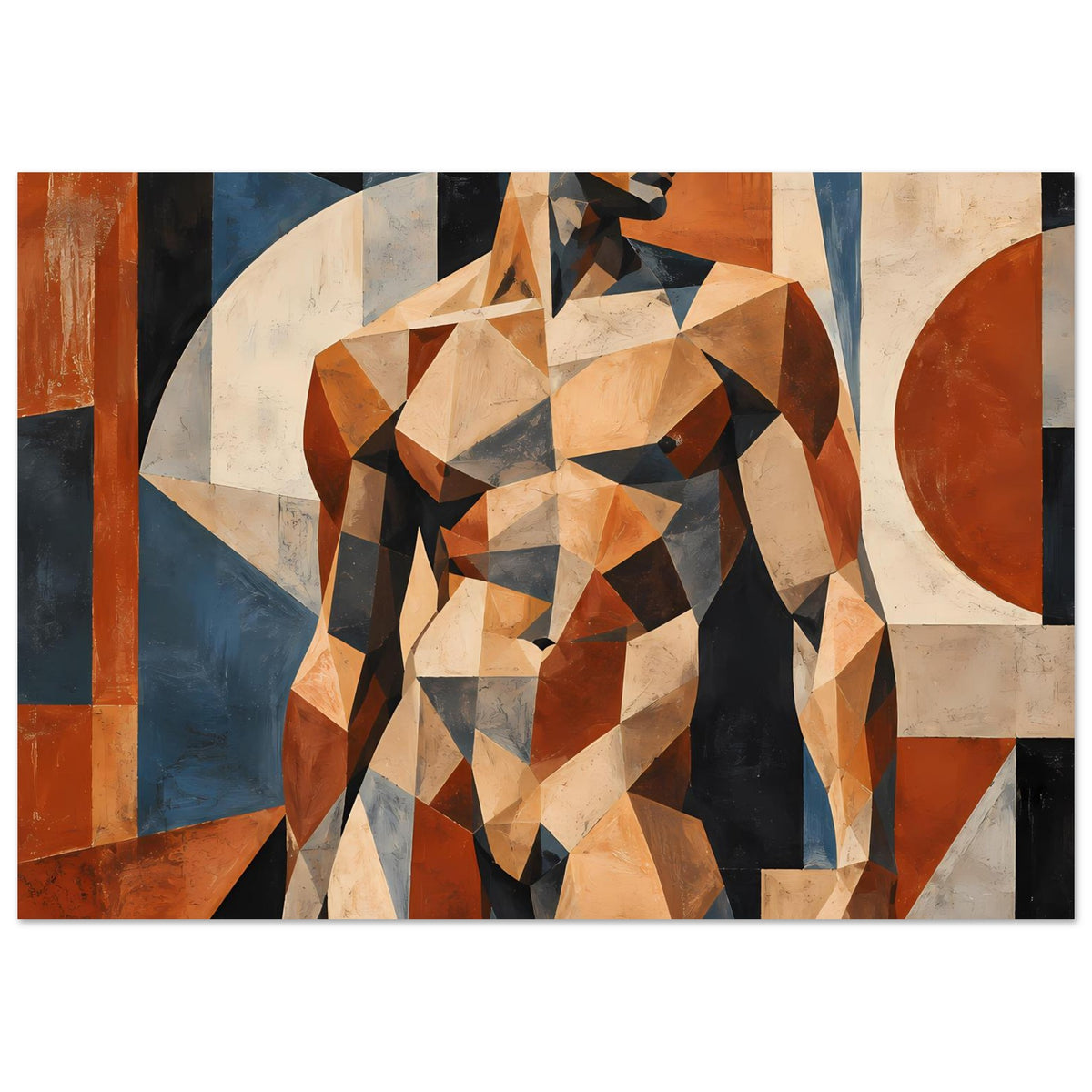 Poster mit geometrischer männlicher Aktfigur in warmen Erdtönen, horizontal, Profil nach rechts