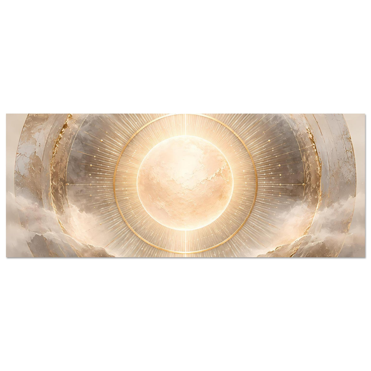 Kosmos-Poster im Querformat mit strahlender Sonne, goldenen Ringen und Lichtspeichen