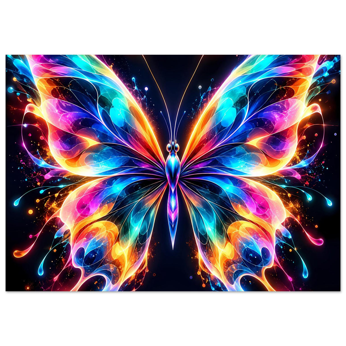 Neon-Schmetterlingsposter: symmetrische Flügel in Blau, Pink, Gelb und Orange, leuchtend