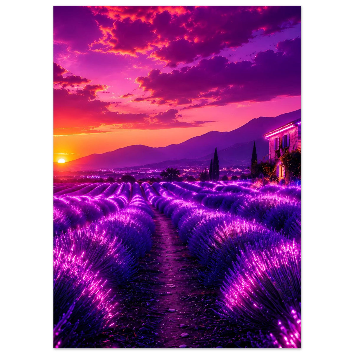 Premium-Poster mit leuchtendem Lavendelfeld, violetten Ähren und farbigem Himmel