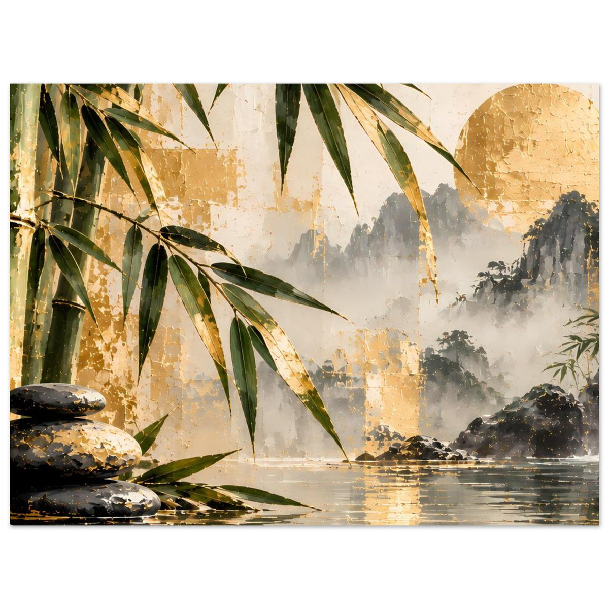Horizontales Poster mit Bambus, Steinen, Wasserfallnebel und Spiegelung auf dem Wasser