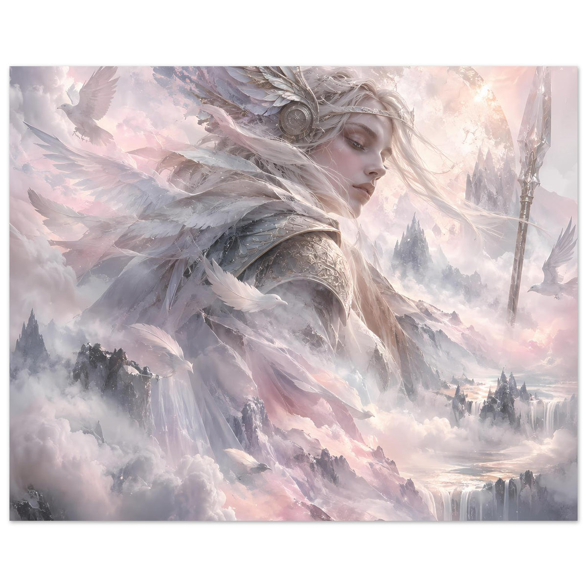 Nordisches Fantasy-Poster: Walküre mit Federkranz und Flügeln, silbergrau, rosafarbene Wolken