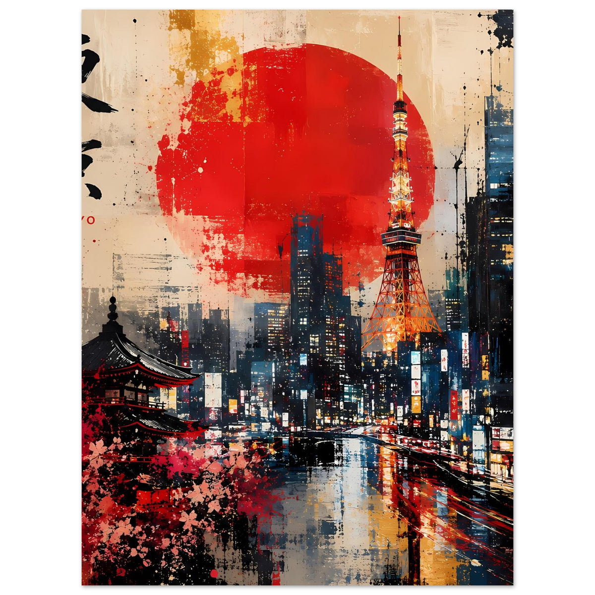 Abstraktes Poster mit Tokio-Skyline, roter Sonne und beleuchtetem Tokio-Turm