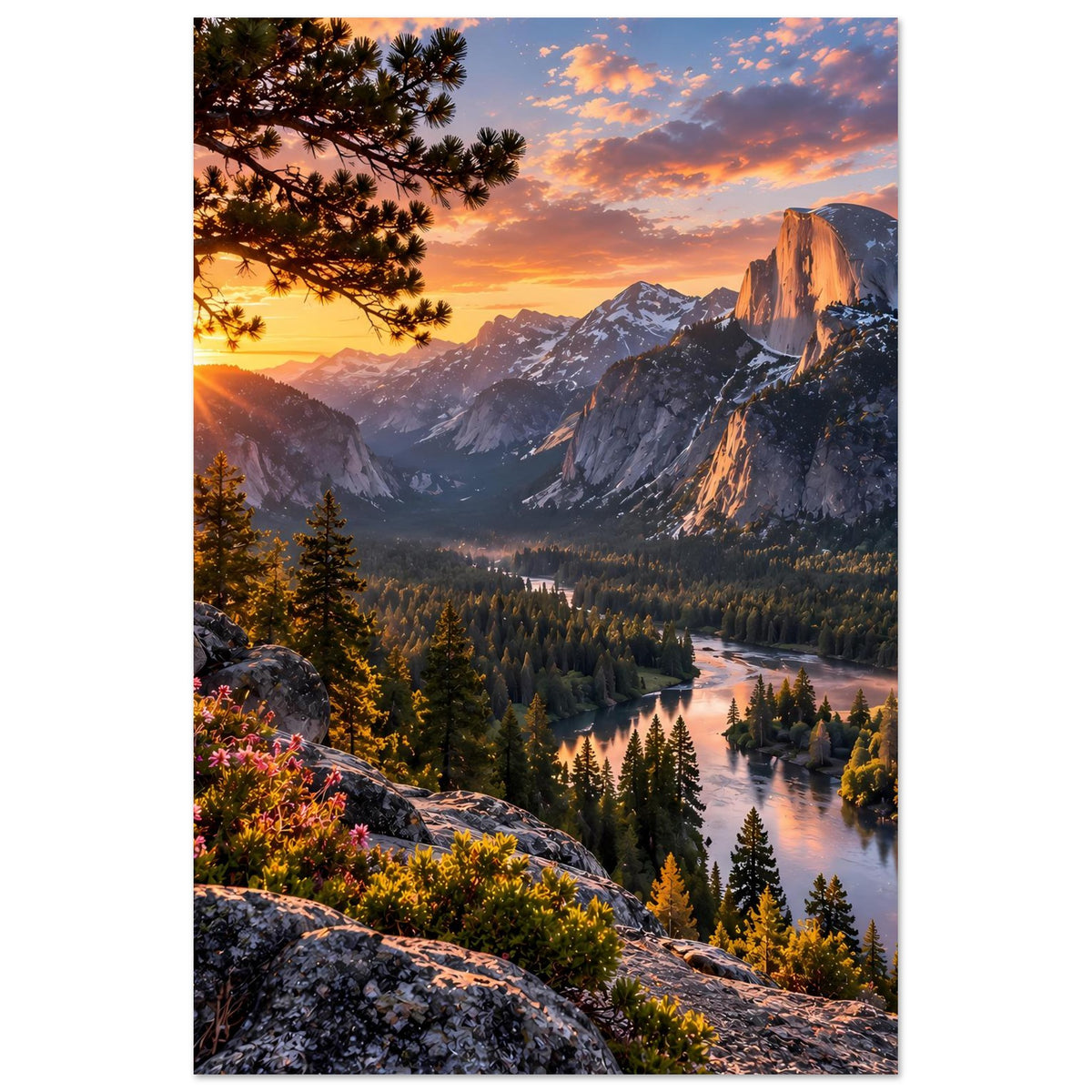 Hochformat-Poster mit Berglandschaft bei Sonnenuntergang: Fluss, Nadelwald und Felsgipfel