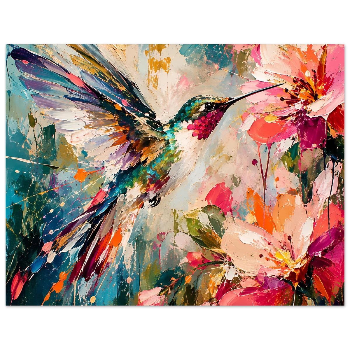 Kunstdruck-Poster im Hochformat mit Kolibri und Blüten, kontrastreiche Farbtupfer