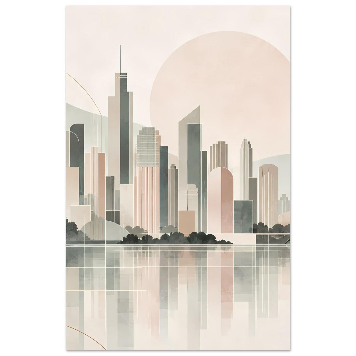 Stadtposter im Hochformat mit Skyline aus pastelligen Gebäuden, großer Sonne und Reflexion