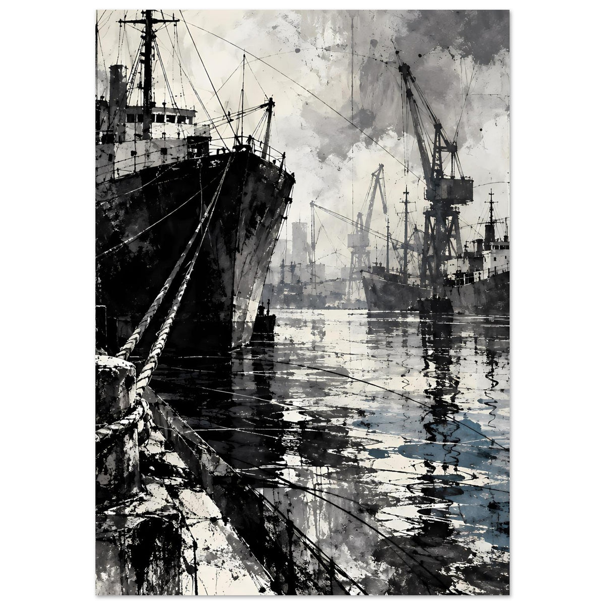 Hafenposter im Hochformat mit Schiff und Hafenkränen, reflektierende Wasserfläche, schwarz-weiß