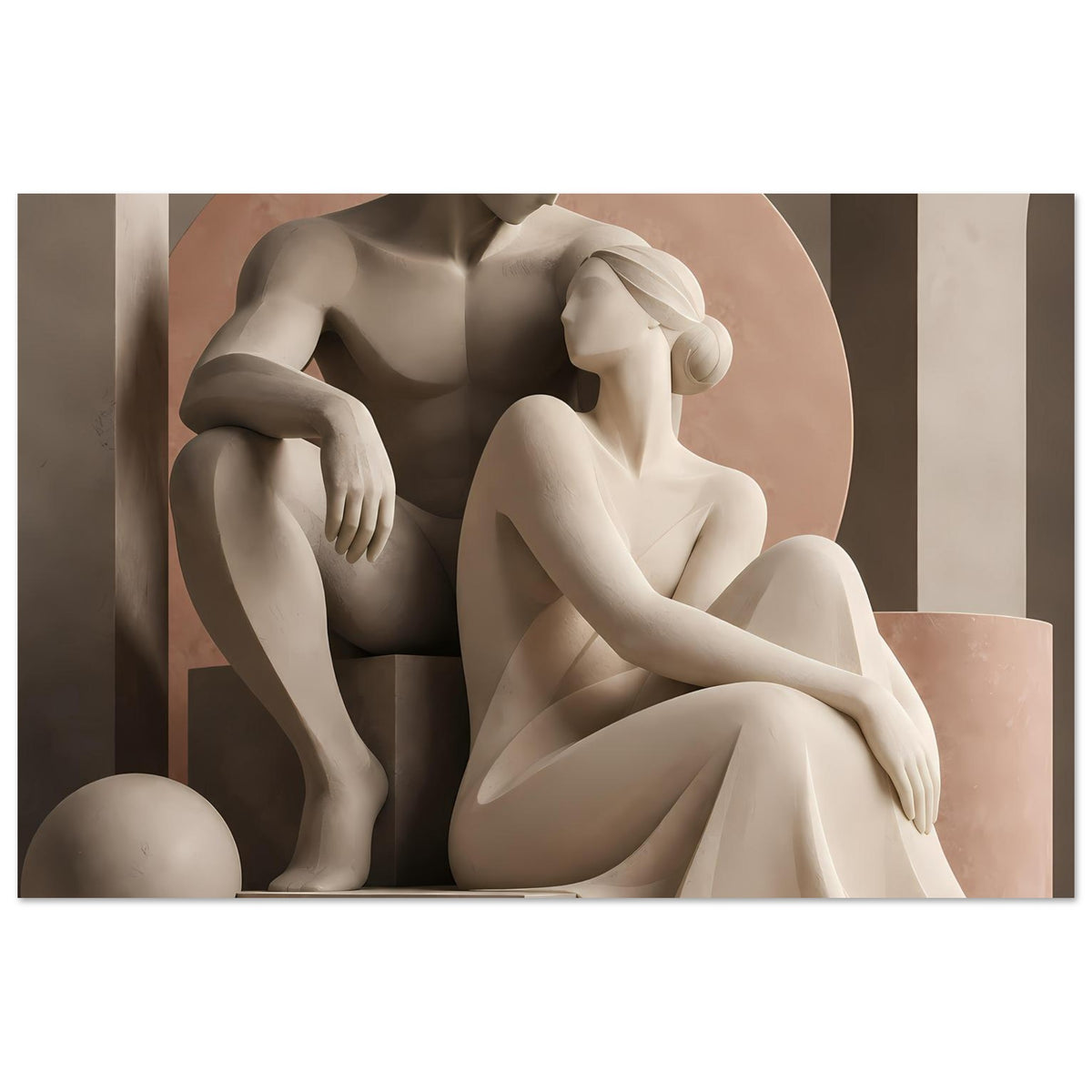 Skulpturales Kunstposter mit Liebespaar: sitzende Figuren, ein Bein vorn, sanfte Pastelltöne