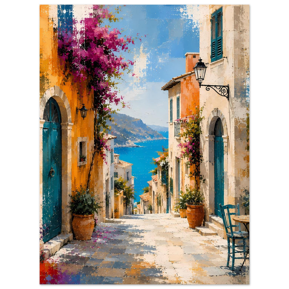 Mediterraner Straßenstraßen-Poster mit Gasse, Meerblick und farbigen Häusern, Hochformat