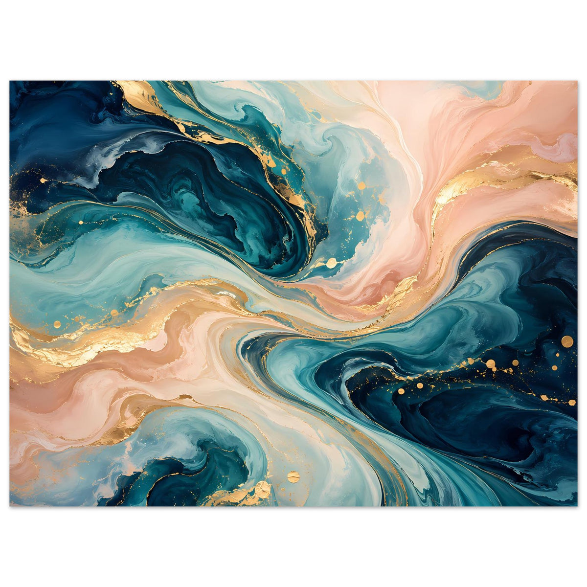 Kunstposter im Querformat mit großen blau-goldenen Farbflächen und zarten Rosa-Tönen