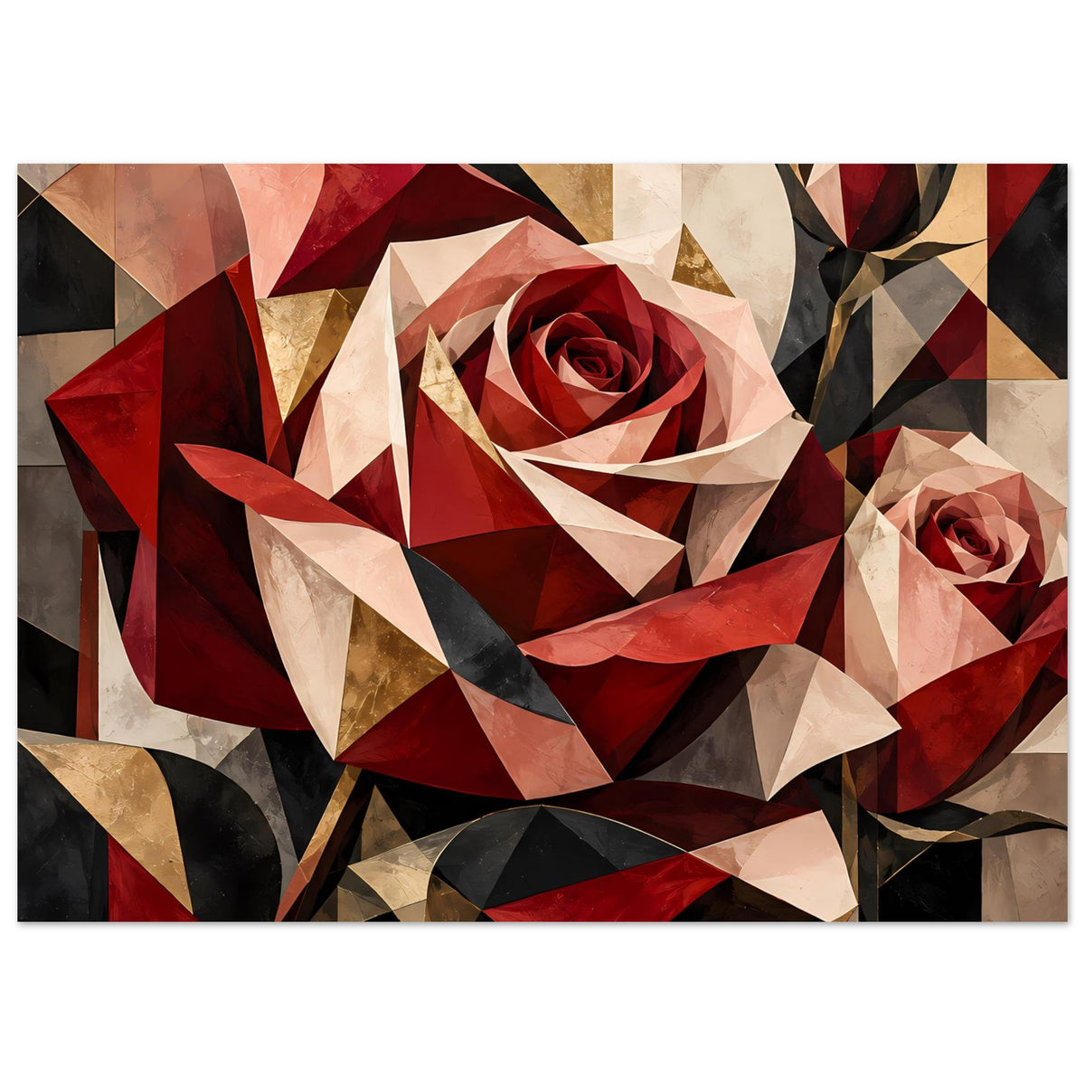 Blumenposter mit großer geometrischer Rose und kleiner Nebenrose in Rot und Gold
