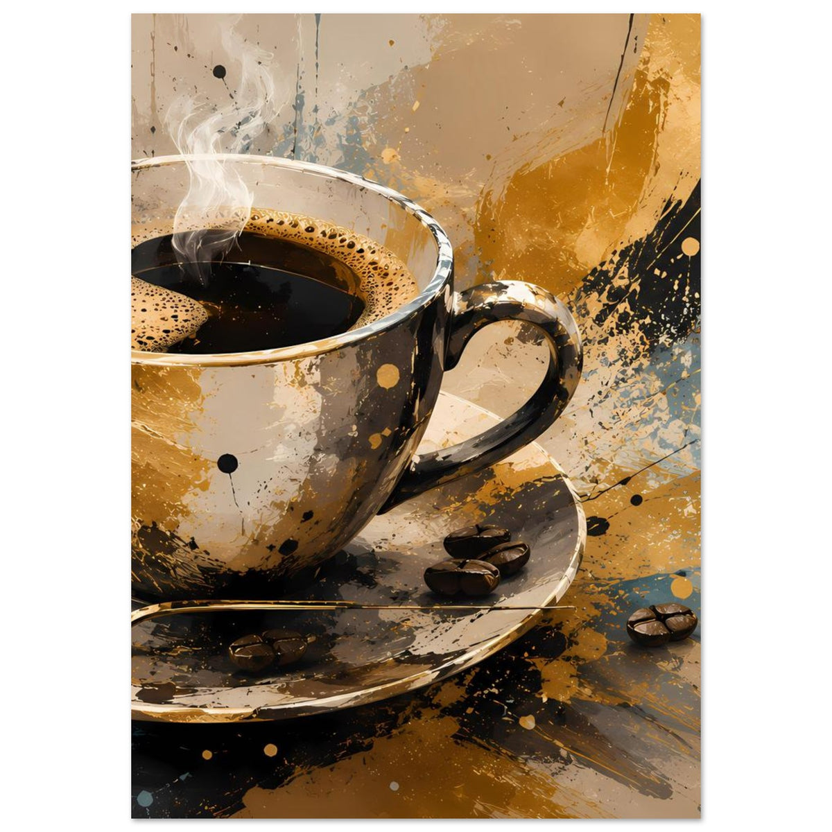 Kunstposter mit Kaffeetasse und Untertasse, Dampf, goldbraunes Spritzdekor und Bohnen