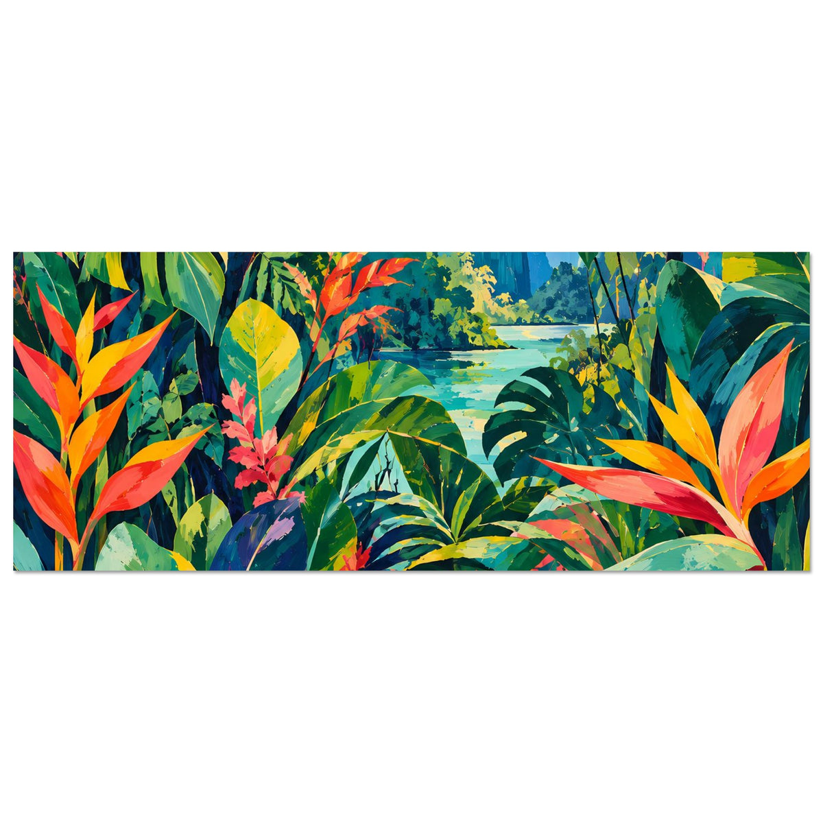 Horizontales Tropen-Jungle-Poster mit üppigen Blättern, Sonne und Wasserlauf, gerahmt