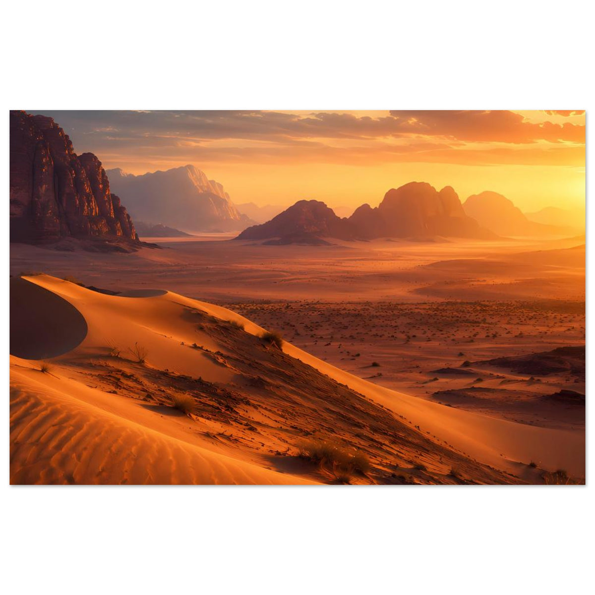 Wüstenlandschaft-Poster im Querformat: goldene Dünen, Schluchten und orangefarbene Wolken.