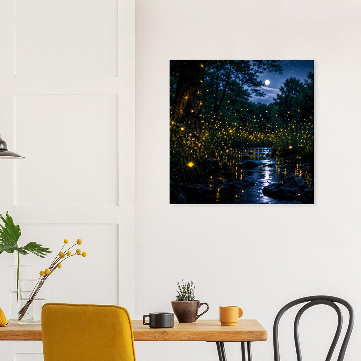 Gerahmtes Poster mit dunklem Wald und glitzerndem Fluss; Glühwürmchen-Licht im Abendhimmel