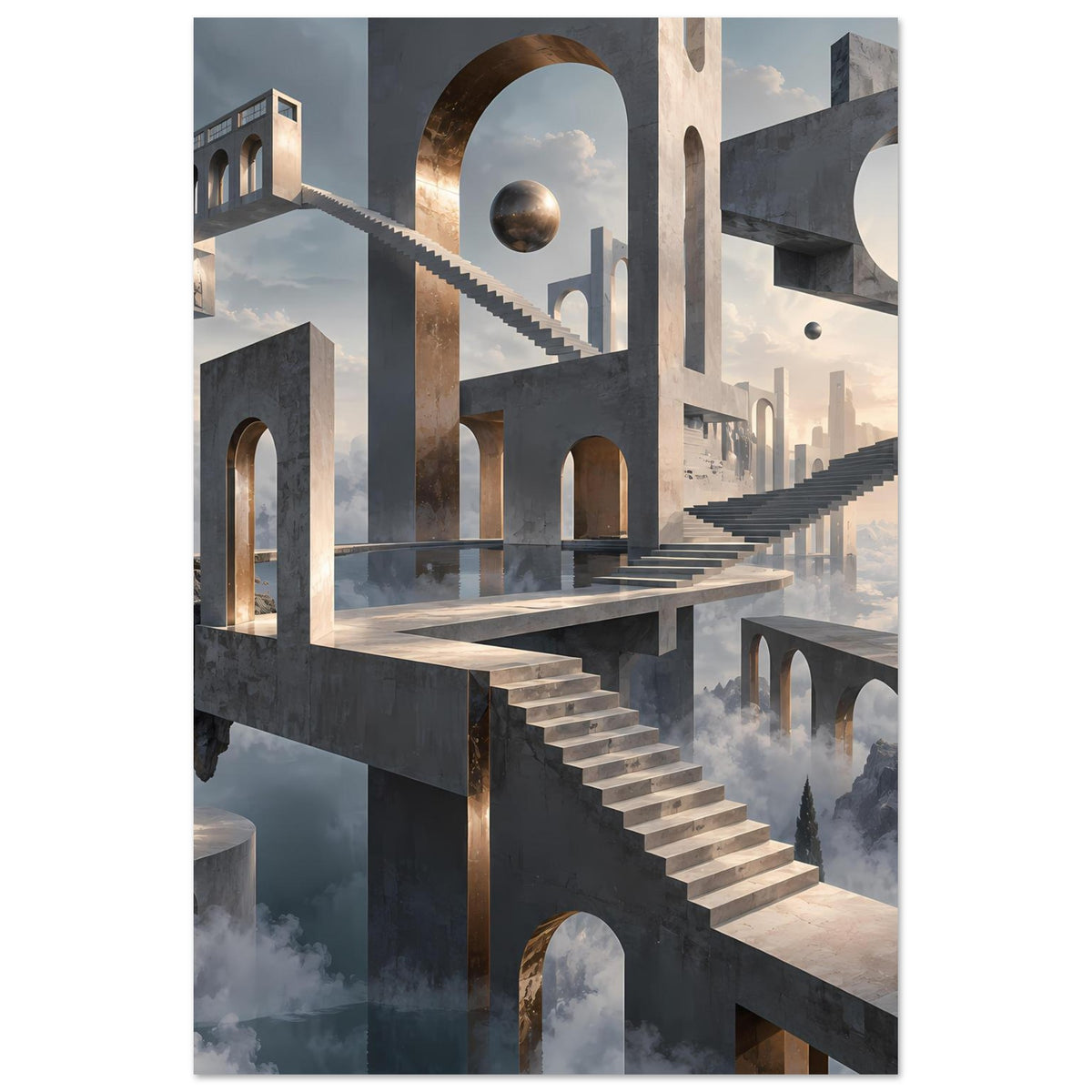 Architekturposter im Hochformat mit schwebender Treppe, goldenen Bögen und Kugel