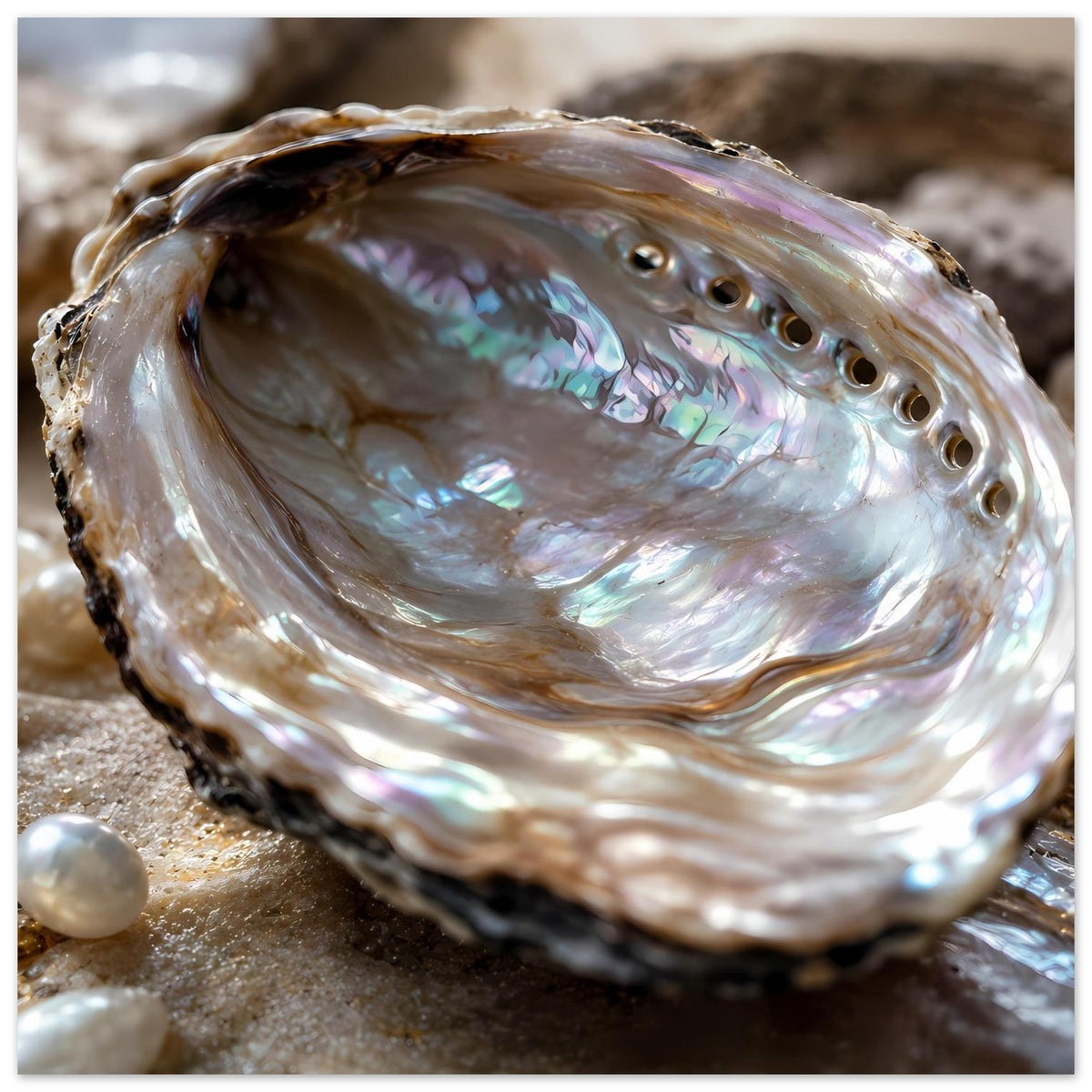 Abalone-Muschel mit Perlmuttglanz, Öffnungen und kleine Perle am Rand