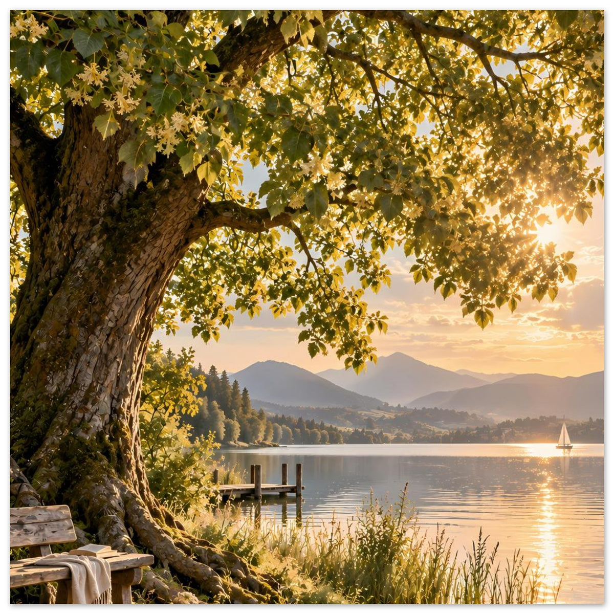Naturposter mit Baumstamm am Ufer, Steg, See und Bergkulisse bei Abendsonne