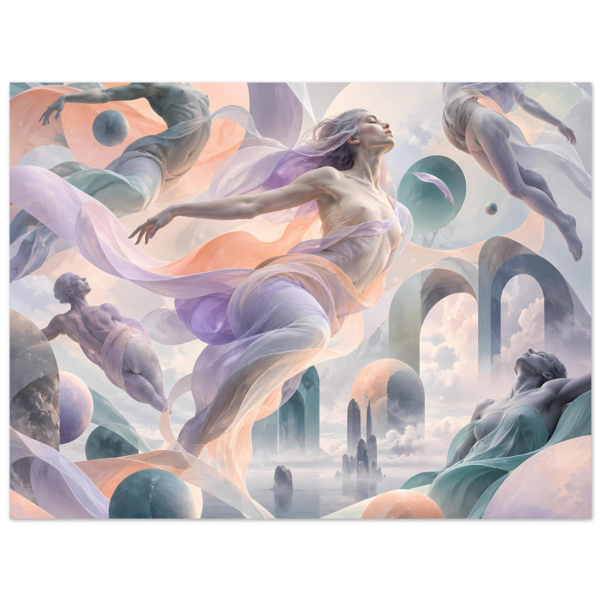 Kunstposter im Querformat mit tanzender Frau, Pastellwolken, Bögen und schwebenden Akten