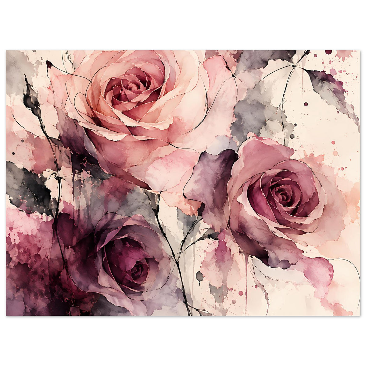 Horizontales Poster mit Aquarell-Rosen: drei Blüten in Rosa- und Violetttönen