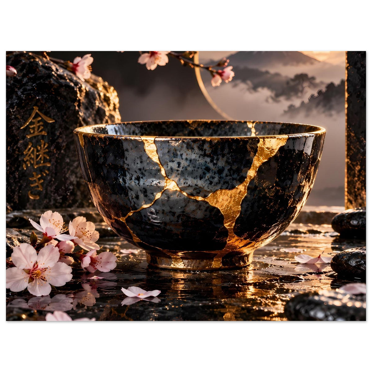 Kintsugi-Schalen-Poster: dunkle Schüssel mit goldener Crack-Zeichnung und Kirschblüten