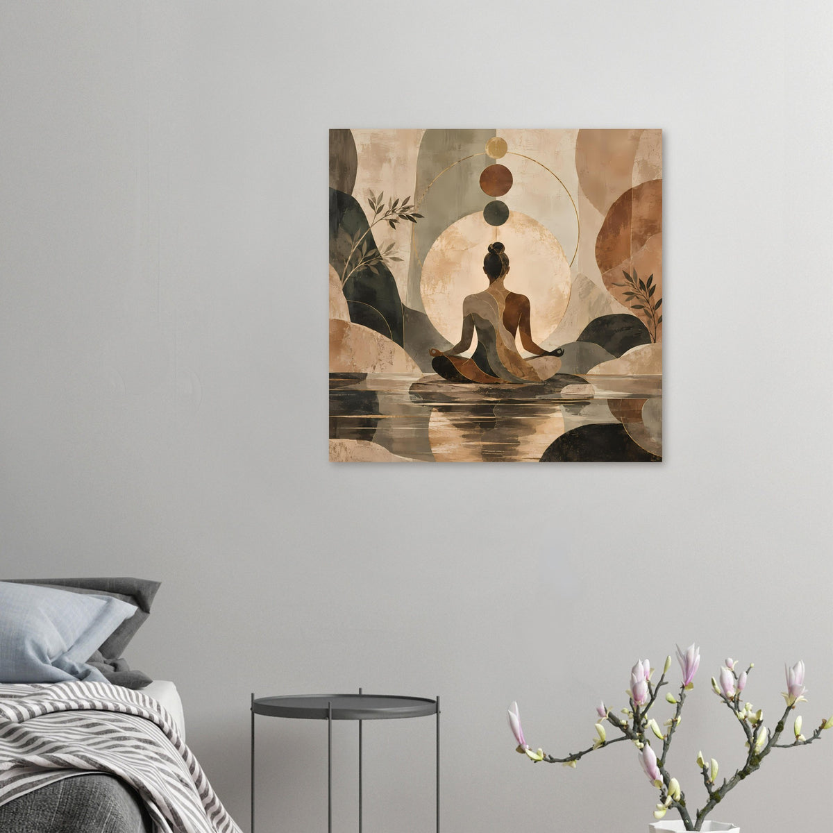 Kleines Meditationsposter mit sitzender Figur im Kreis, erdige Farben und Pflanzenranken