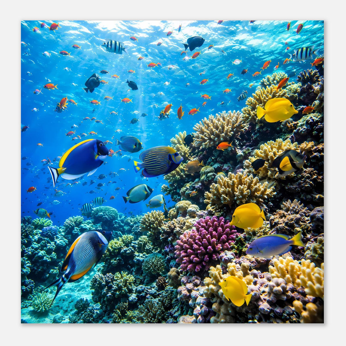 Unterwasserposter mit Korallenriff, zahlreiche tropische Fische und gelbe Fische rechts