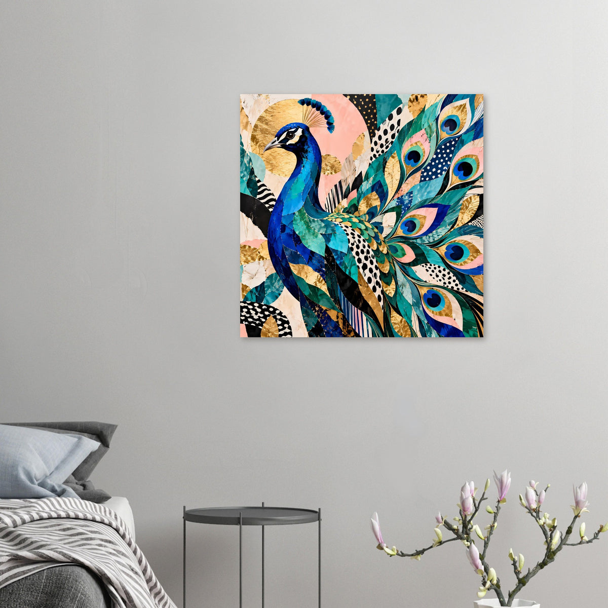 Kleines Kunstposter mit Pfau-Motiv in Blau, Türkis und Gold