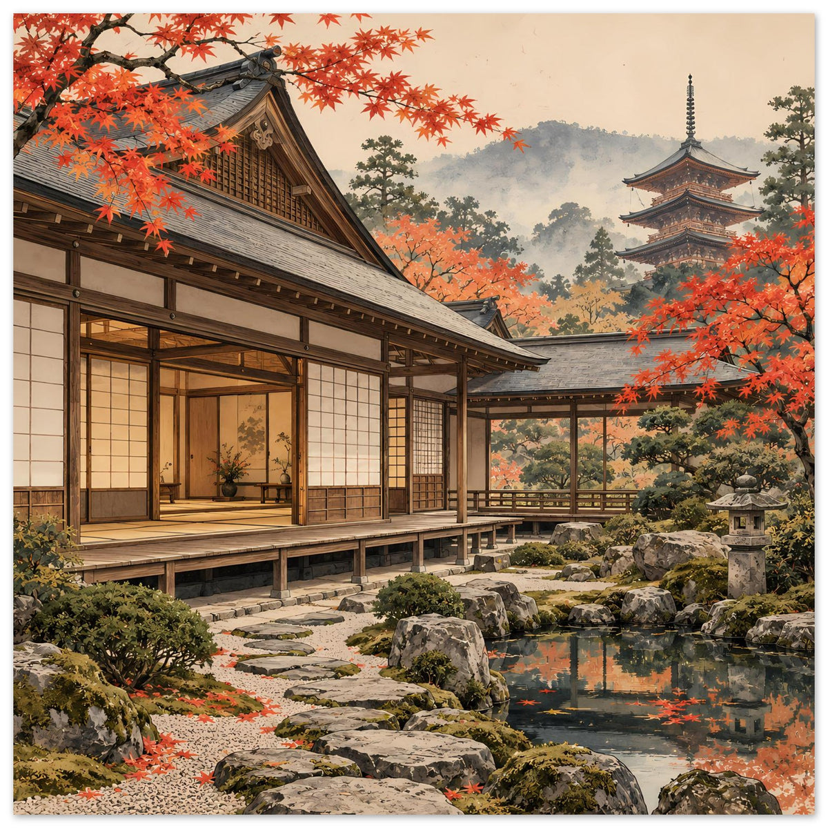 Herbstgarten-Poster mit japanischem Garten, Holzveranda, rotem Ahornlaub und Teich mit Steinen