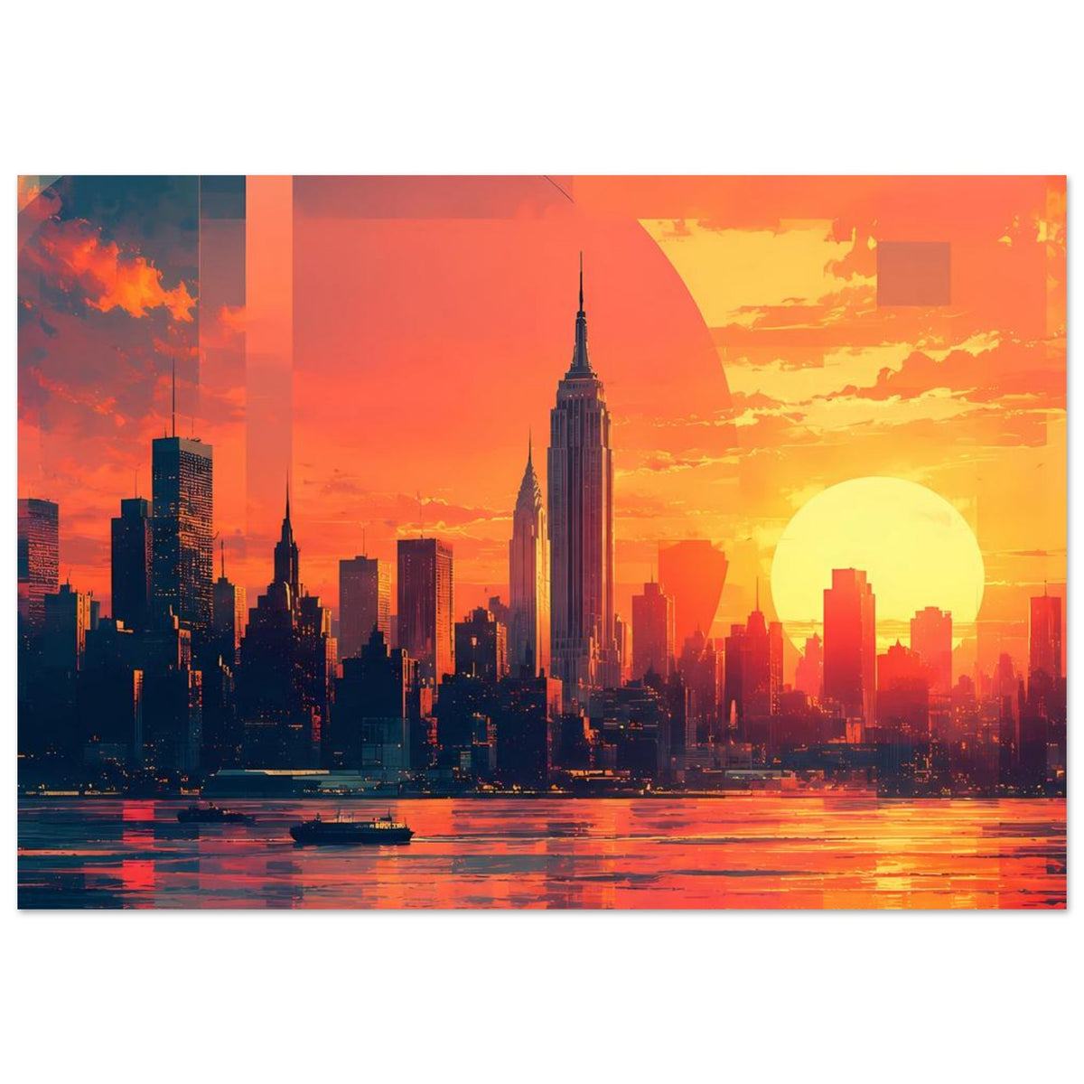 Horizontales Poster: Großstadt bei orangefarbenem Sonnenuntergang, gelbe Sonne und Lichtreflexionen.