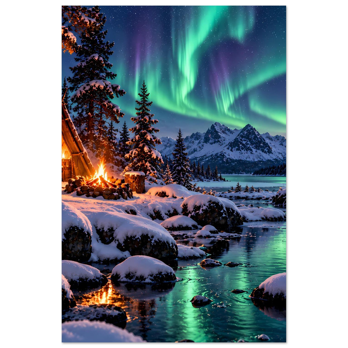 Hochformat-Winterlandschaft-Poster: Lagerfeuer, verschneite Steine am Wasser, Nordlichter