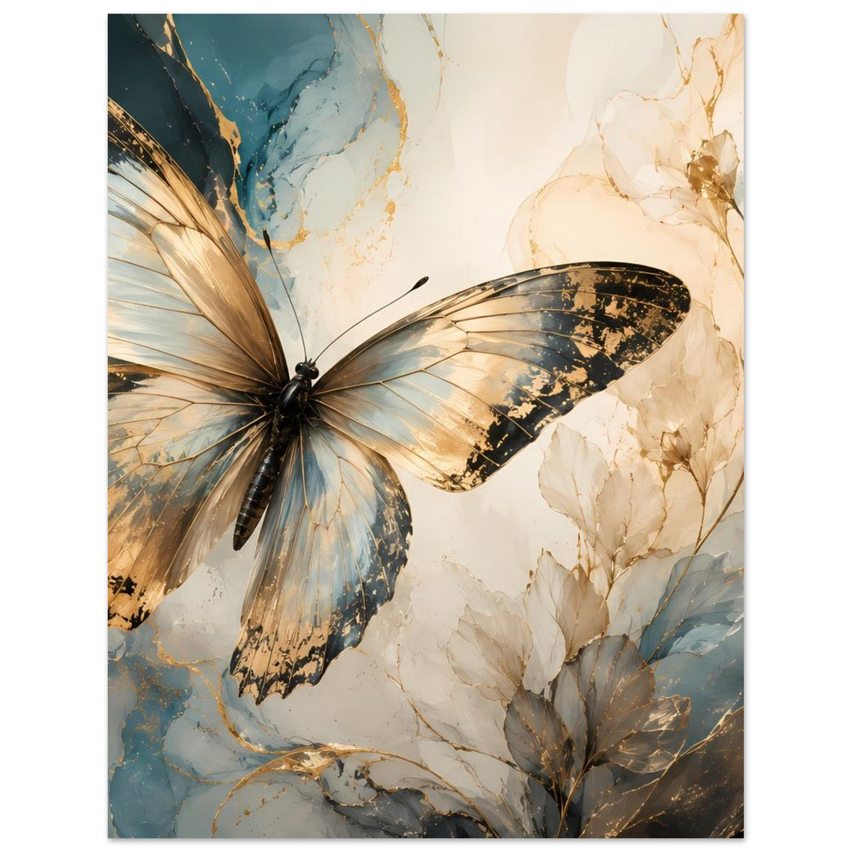Schmetterlingskunst-Poster im Hochformat: goldblauer Schmetterling vor cremefarbenen Blüten