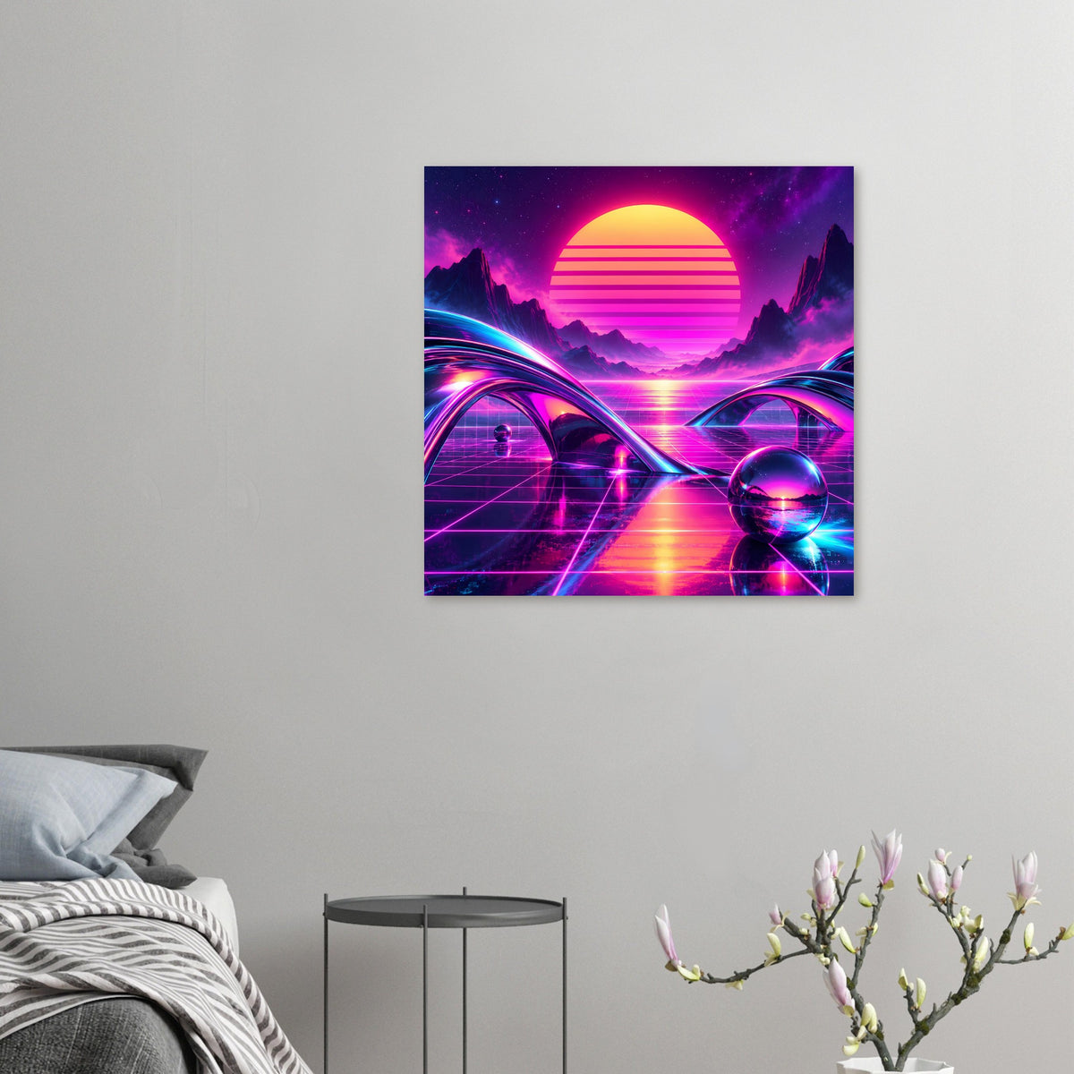 Neon-Science-Fiction-Poster mit retro Sonnenuntergang, Kreis-Sonne, Neonstraßen und Grid-Boden