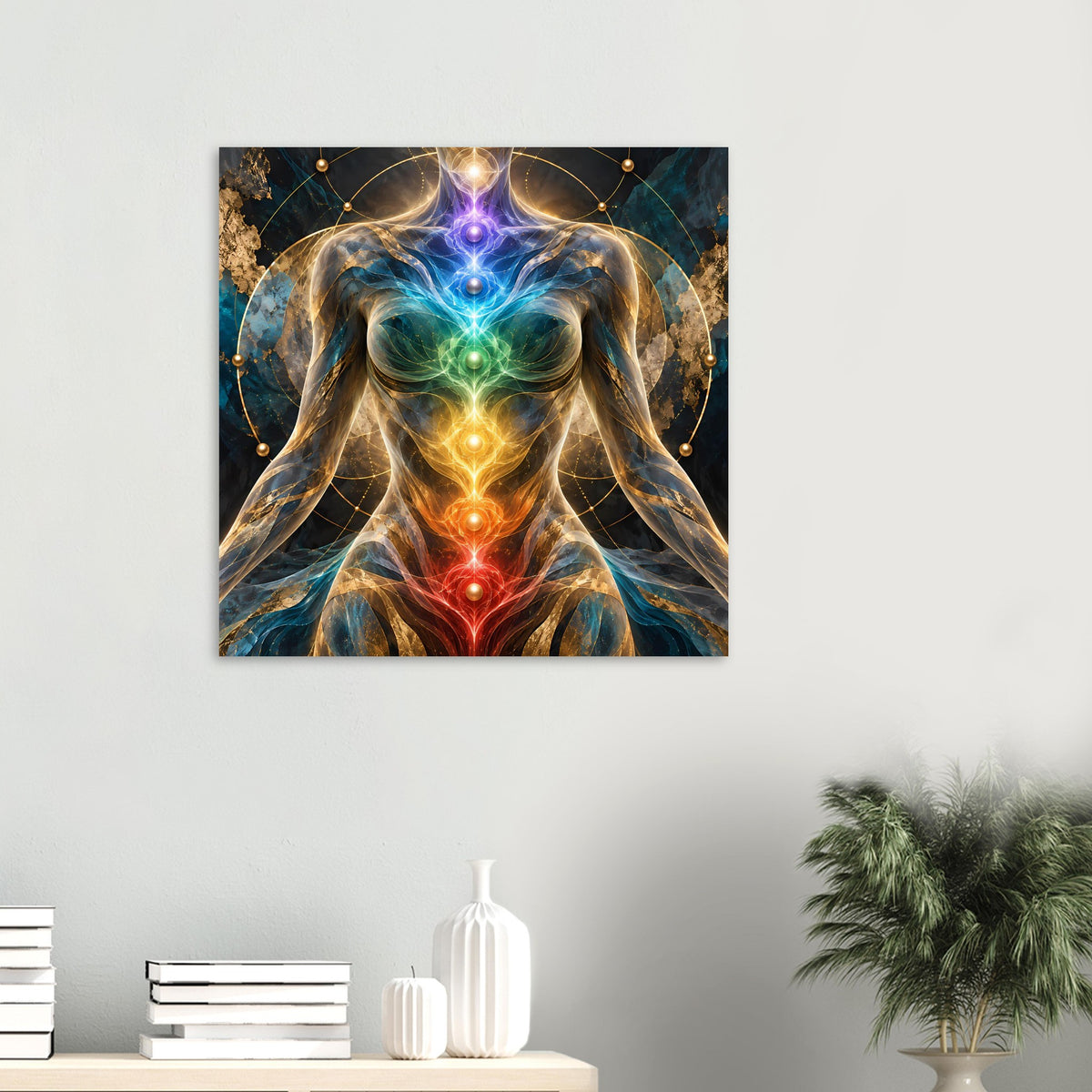 Energieposter an der Wand mit Menschensilhouette, leuchtenden Chakren in Regenbogenfarben