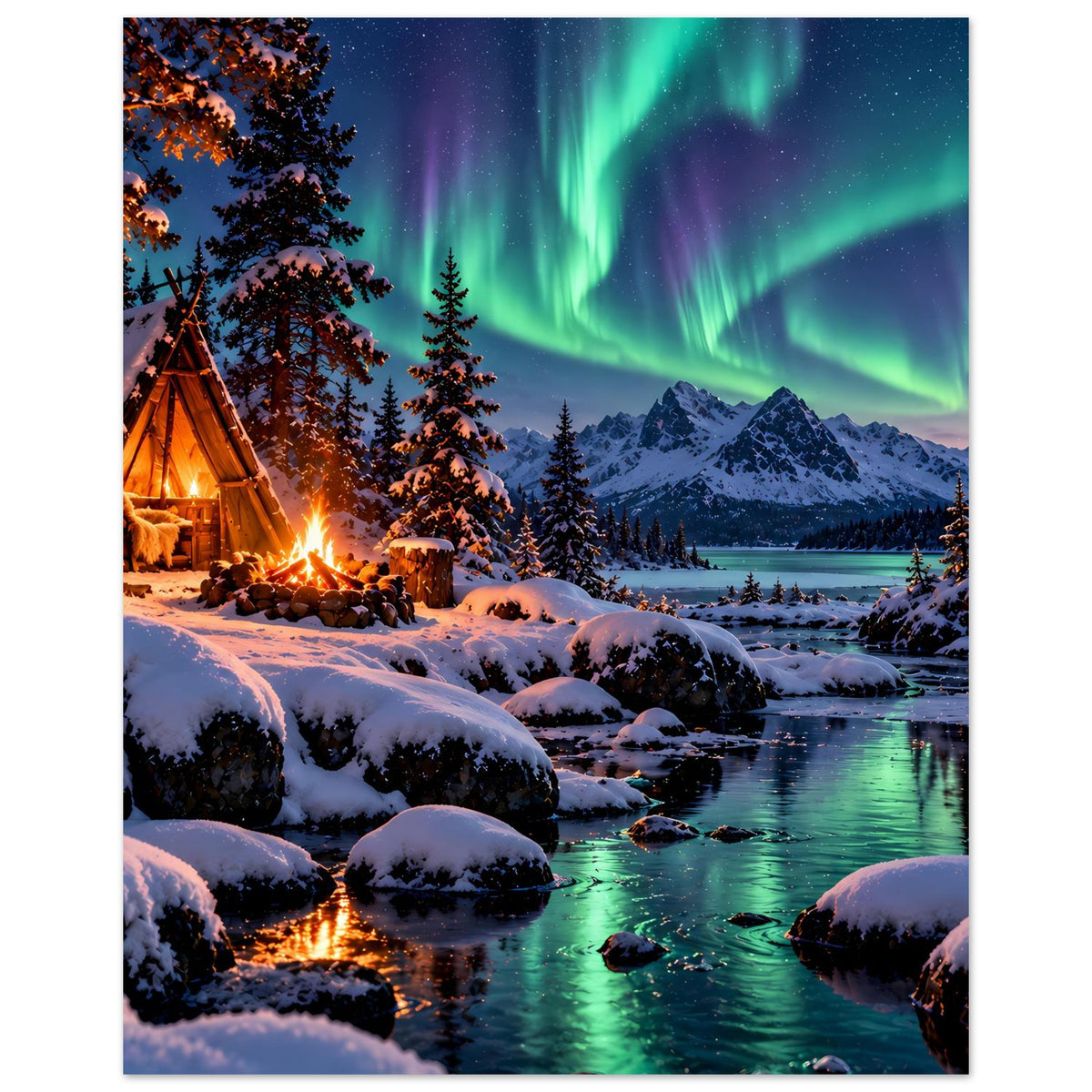 Winterlandschafts-Poster: Nordlichter über Bergen, Lagerfeuer am Schneeufer und Tannen