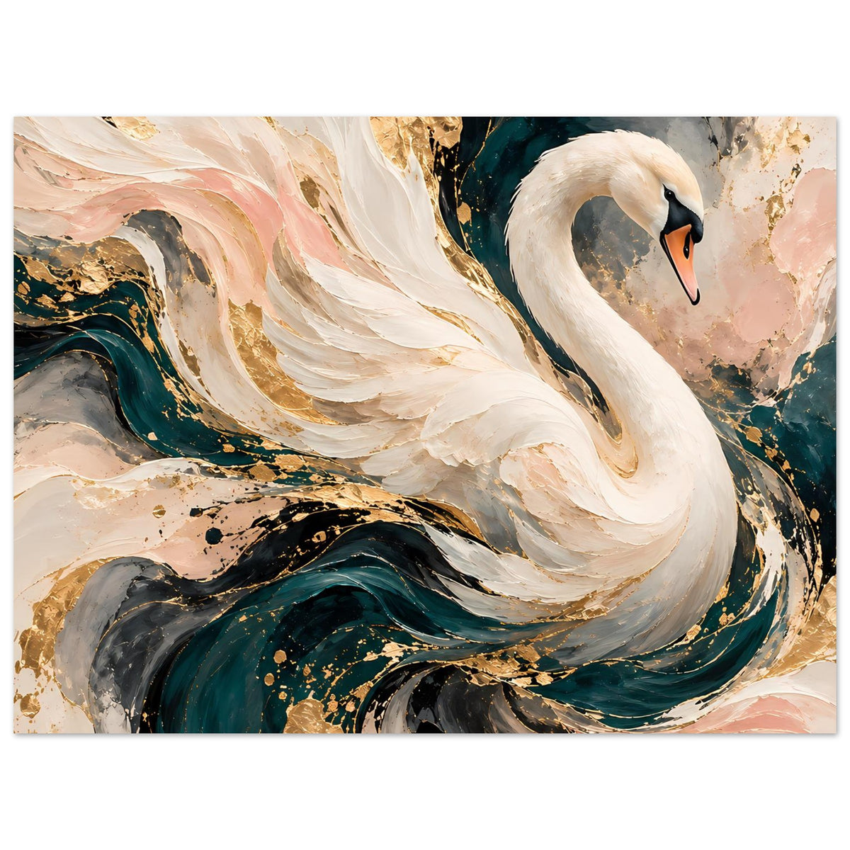Kunstposter mit Schwanmotiv, weißer Körper und dunkle Wellenlinien mit Goldpunkten